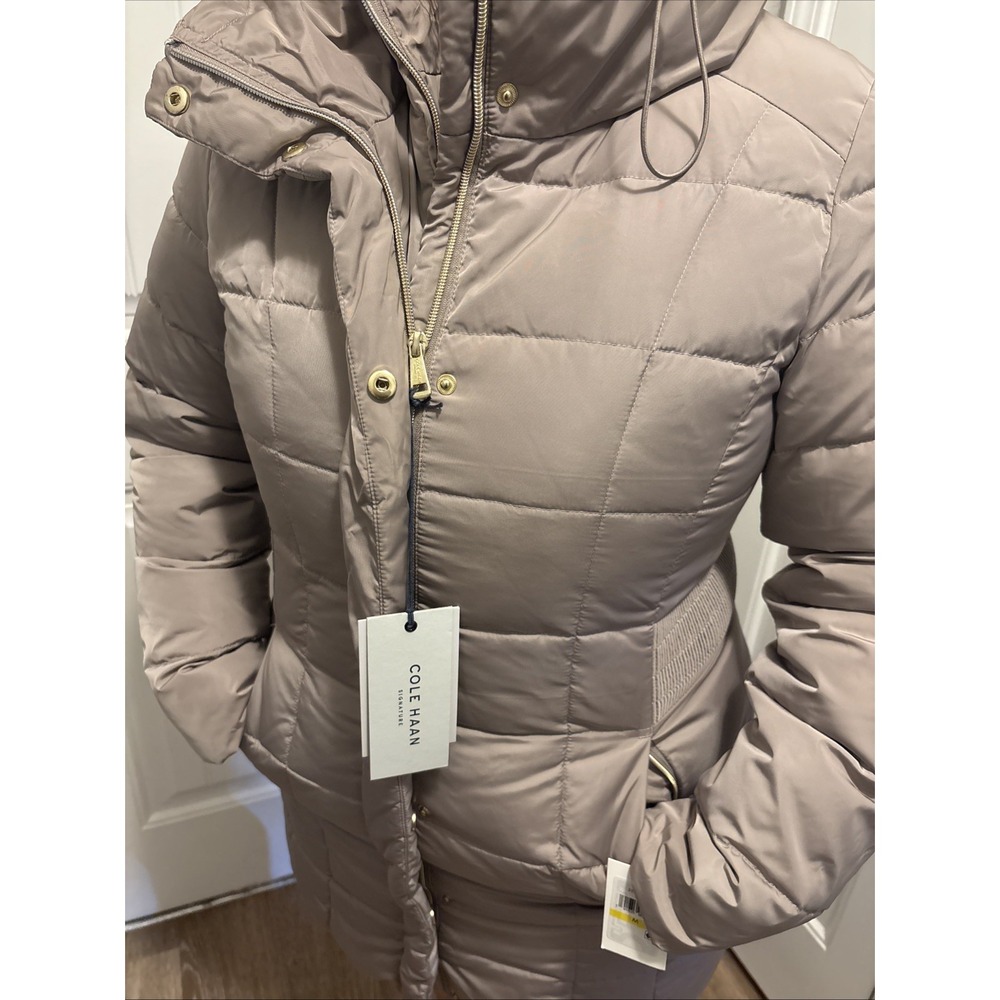 Cole Haan Signature Down Feather Puffer Coat Taupe Cashew Inner Bib Hooded Sz